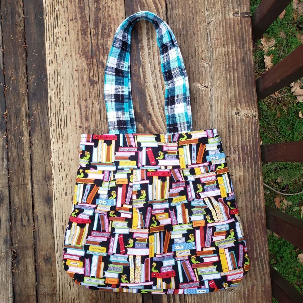 Handmade Bookworm and Book Themed Book Bag With Plaid Liner & Handles